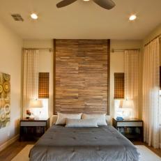 Neutral Master Bedroom With Wallpapered Headboard