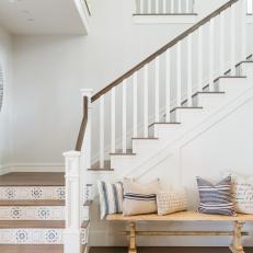 Crisp White Foyer With Wood Bench & Pillows