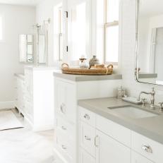 Serene White Master Bathroom With Two Vanities 