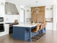 contemporary kitchen with blue island