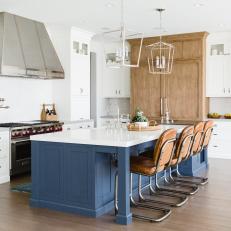 Kitchen Island Complete With Brown Leather Barstools