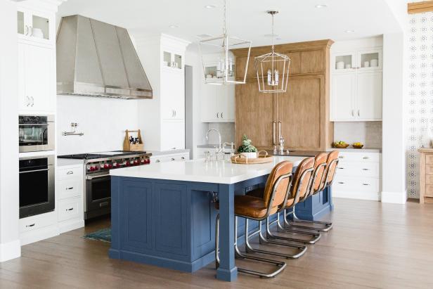 contemporary kitchen with blue island