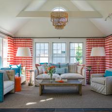 Red-Striped Curtains Enliven Coastal Sitting Room 