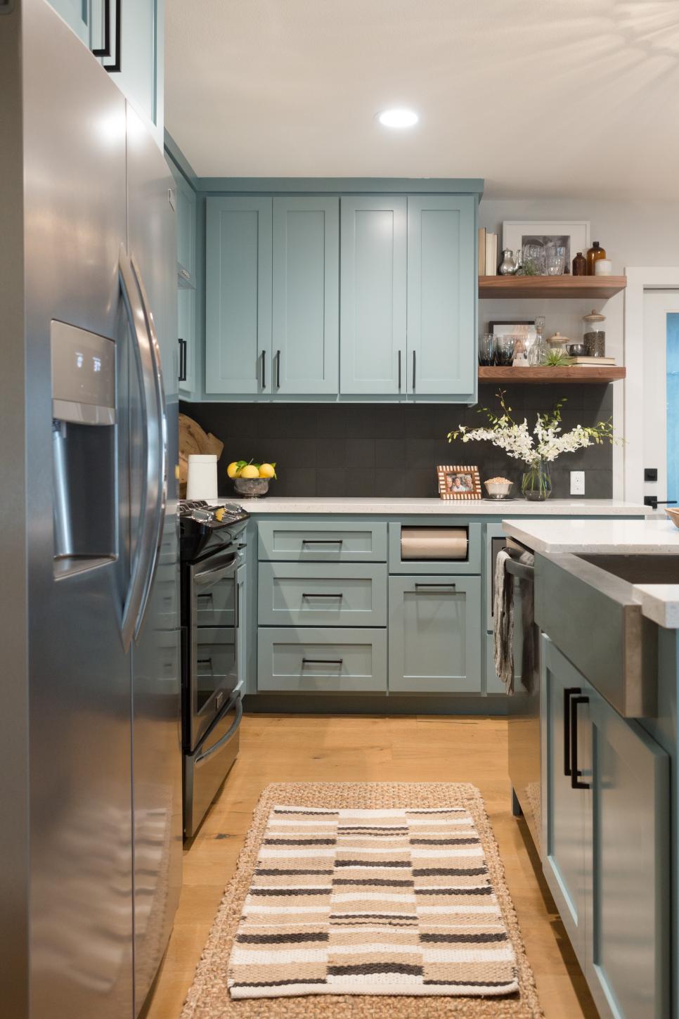 Contemporary Neutral Kitchen with Blue Cabinets   HGTV