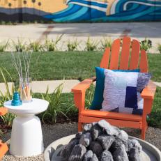 Contemporary Neutral Front Yard with Orange Adirondack Chairs 