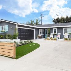 Contemporary Multicolor Front Yard with Neutral Wooden Fence