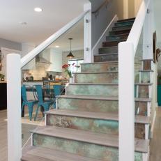 Contemporary White Foyer with Custom Copper Staircase