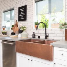 Modern White Kitchen with Copper Farmhouse Sink 