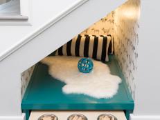 Blue Dog Bed under White Staircase
