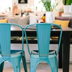 Blue Metal Chairs in Contemporary Neutral Dining Room