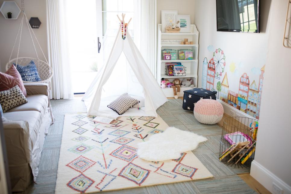 Playroom Boasts Colorful Pillows, Patterned Rug