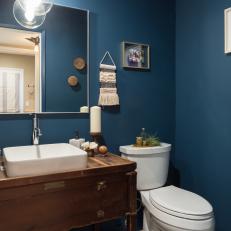 Contemporary Blue Bathroom with White Vessel Sink 