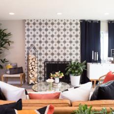 Eclectic Neutral Living Room with Black and White Tile Fireplace 