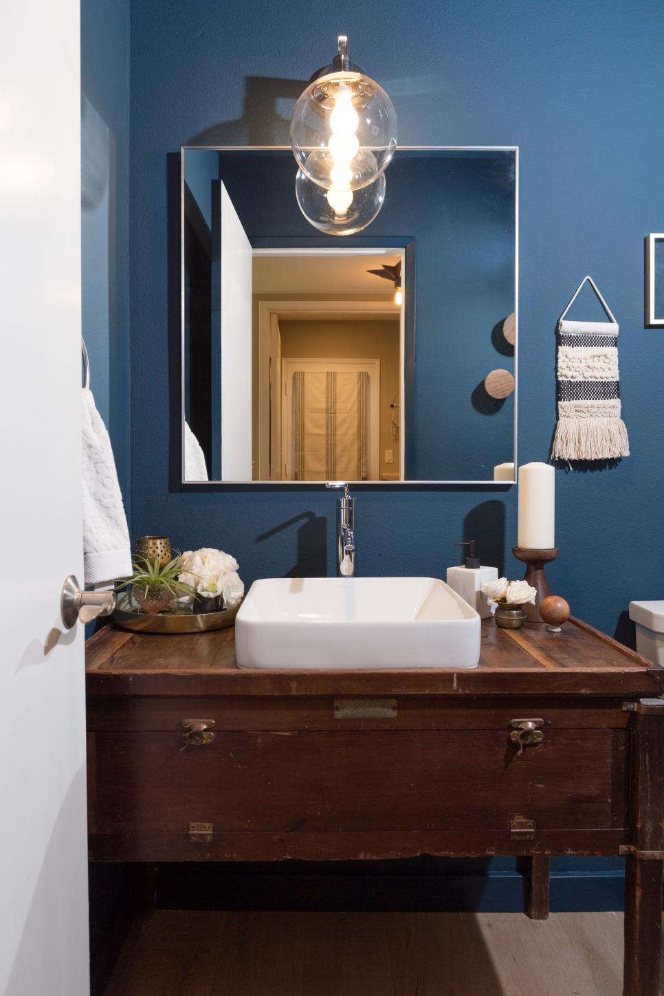 Contemporary Blue Bathroom with Brown Wooden Vanity | HGTV
