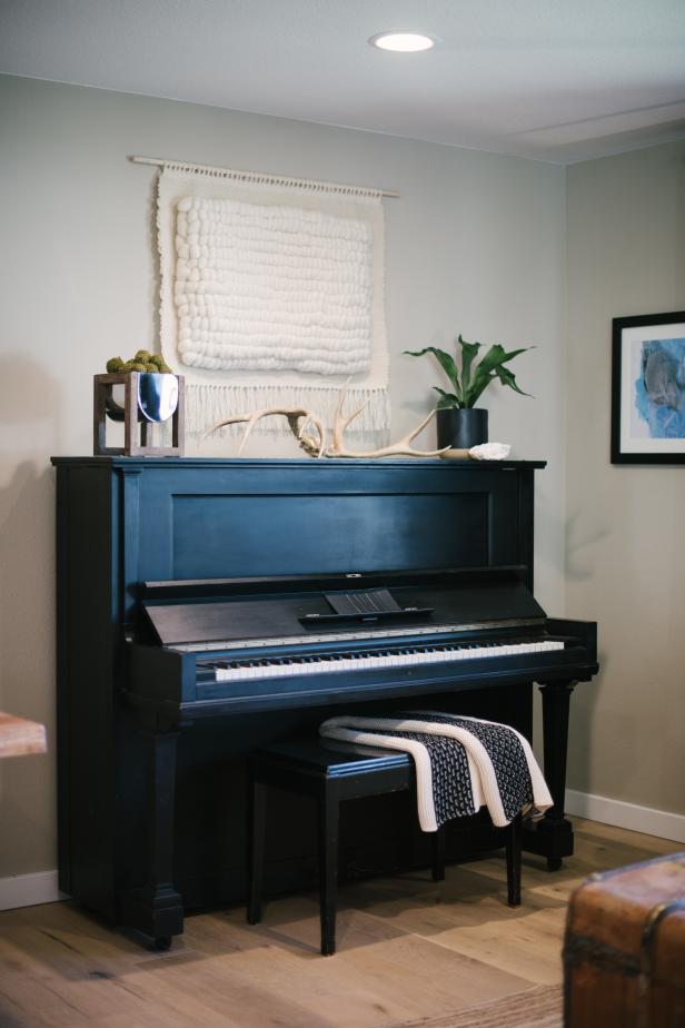 Eclectic Neutral Living Room with Black Piano | HGTV