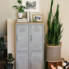 Eclectic Neutral Living Room with Upcycyled Gray Lockers
