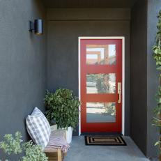 Modern Gray Porch with Red Front Door