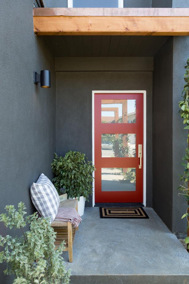 Modern Gray Porch With Red Front Door Hgtv