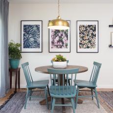 Contemporary Neutral Dining Room with Blue Dining Chairs 