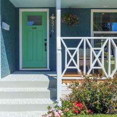 Contemporary Blue Porch with Green Front Door 