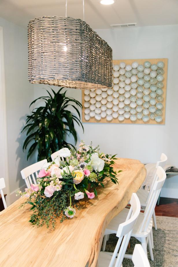 Contemporary White Dining Room with Neutral Wood Table | HGTV