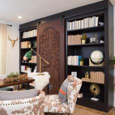 Contemporary Neutral Home Office with Black Bookshelf  