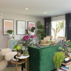 Eclectic Multicolor Living Room with Green Sofa 
