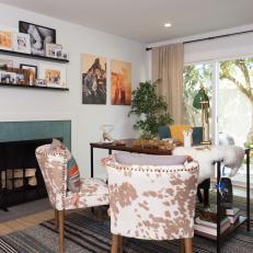 Contemporary Neutral Home Office with Green Fireplace Surround 