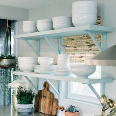 Contemporary White Kitchen with White Open Shelves 