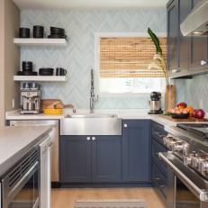 Contemporary Blue Kitchen with Blue Chevron Wallpaper 