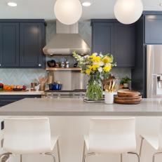 Contemporary Blue and White Kitchen with Gray Island 