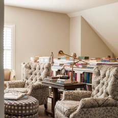 Transitional Home Office With Bookcase, Patterned Chairs