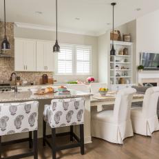 Transitional Kitchen With Eat-In Island, Patterned Stools