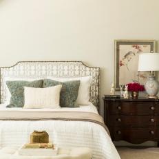 Transitional Bedroom With Gray Patterned Headboard