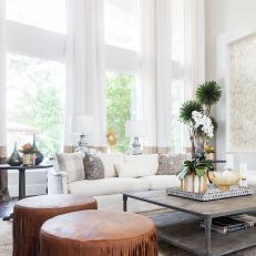 Brown Leather Ottomans Add Seating to Eclectic Living Room