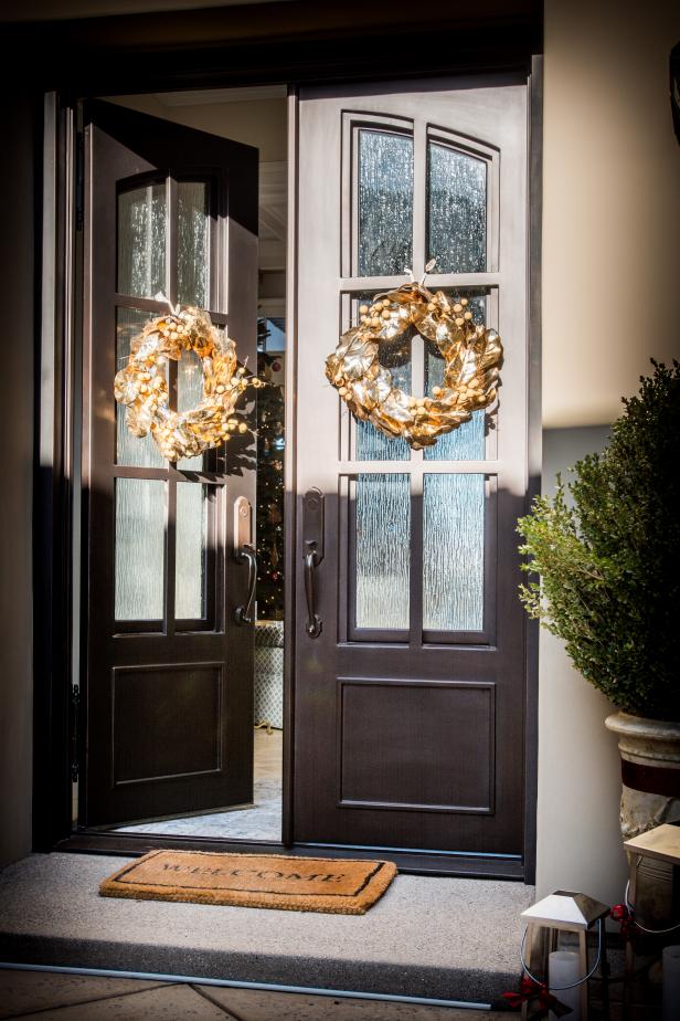 Traditional Front Doors With Gold Metallic Christmas 