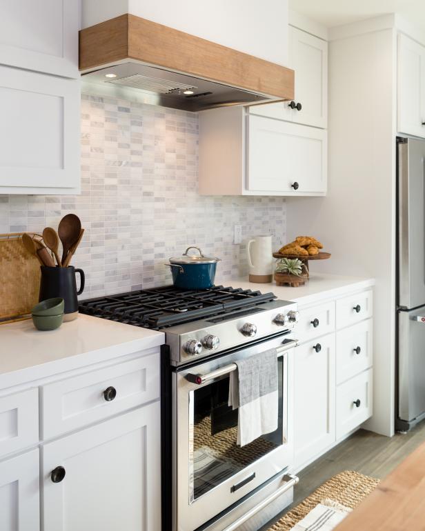 Contemporary White Kitchen with Gray Tile Backsplash | HGTV