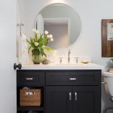 Contemporary Black and White Bathroom with Black Vanity 