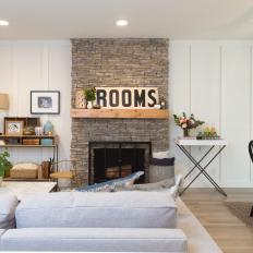 Contemporary Neutral Living Room with Brown Brick Fireplace 