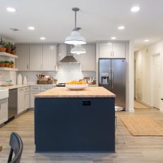 Contemporary White Kitchen with Neutral and Blue Butcher Block Island