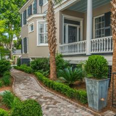 Traditional Side Yard Landscape With Brick Walkway And Palm Trees