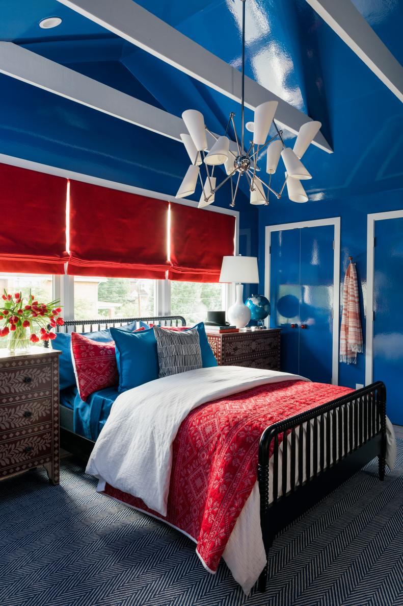 Blue and Red Bedroom With Tulips