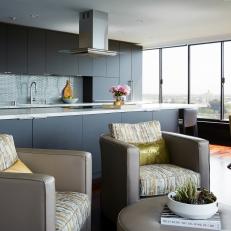 Gray Modern Open Plan Kitchen With City View