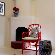 Fireplace and Red Asian Armchair