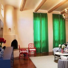 Multicolored Southwestern Living Room With Green Curtains