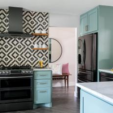 Contemporary Kitchen Pairs Black Appliances, Teal Cabinets