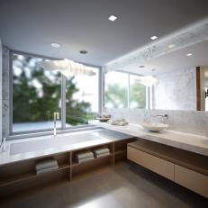 Modern Master Bathroom Includes Tub With Built-In Shelves
