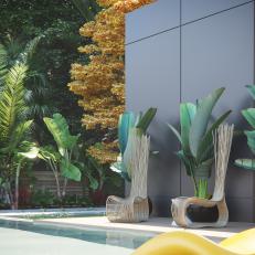 Palm Trees, Round Planters Soften Home's Modern Exterior
