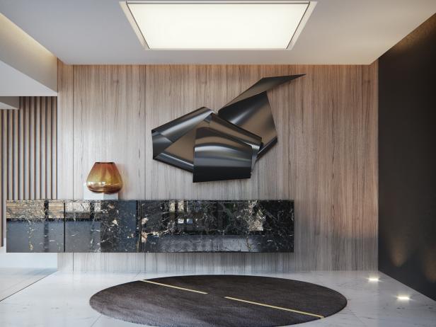 Modern Foyer Boasts Skylight, Chic Black Accent Wall | HGTV