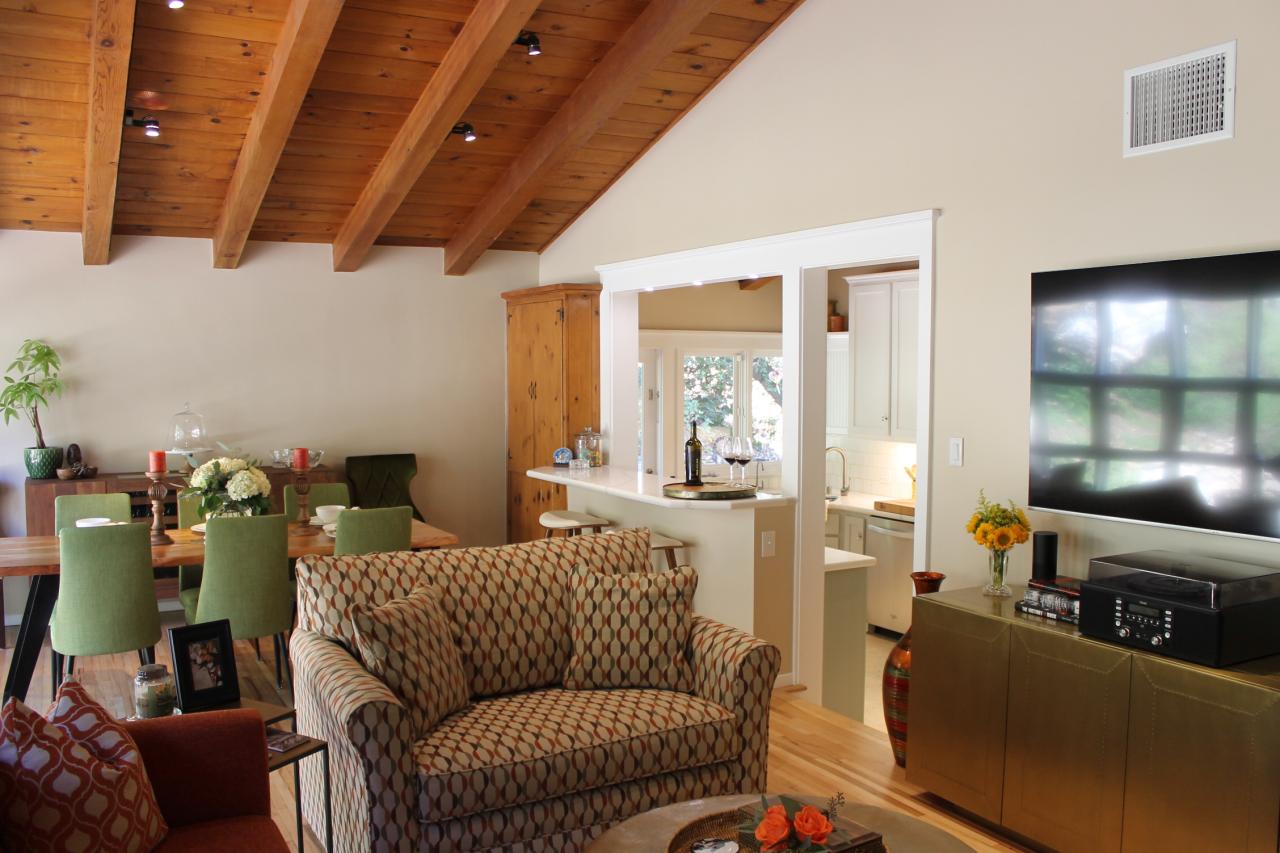 Open Concept Living And Dining Room With Vaulted Ceiling